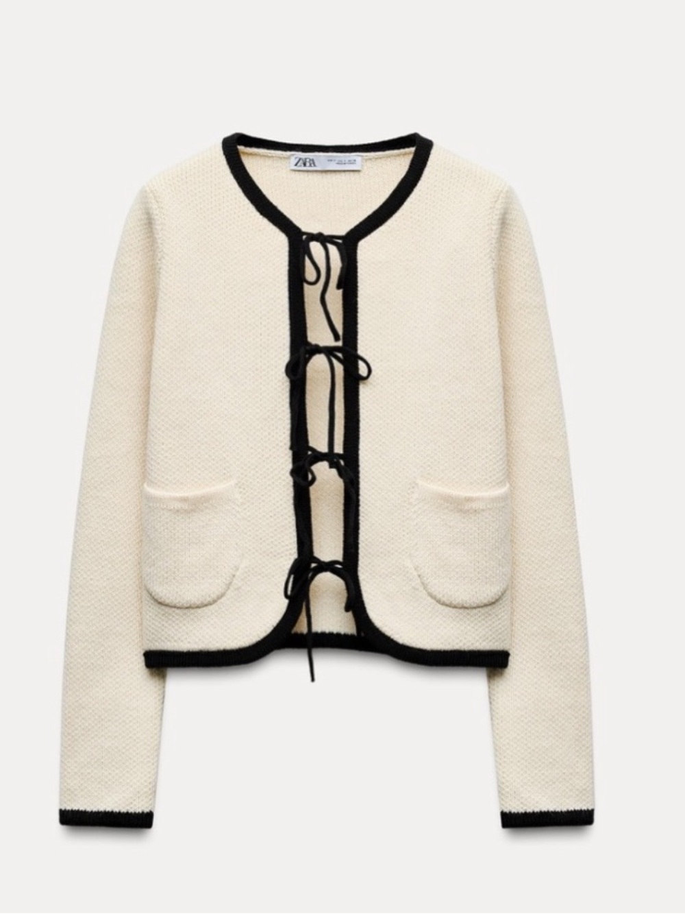 NWT Zara Cream Knit Cardigan with Black Trim and Tie Front